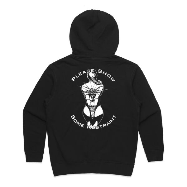 “Please Show Some Restraint” Hoodie – Kink & Fetish Streetwear - AS Colour Womens Premium Hood Thumbnail